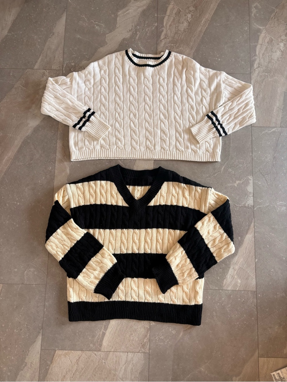 Cable Knit Sweater Duo - Cream & Black Striped V-Neck + Cream Pullover
